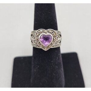 Sterling Silver Heart Shaped Amethyst Marcasite Band Ring Size 6.75